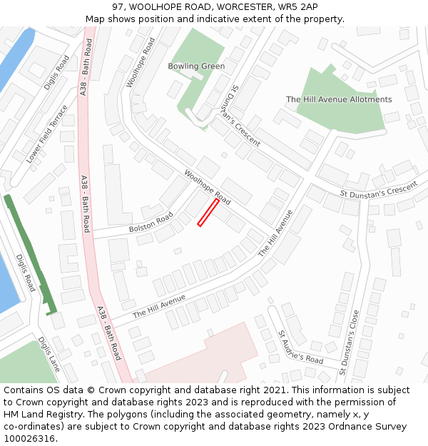 97, WOOLHOPE ROAD, WORCESTER, WR5 2AP: Location map and indicative extent of plot