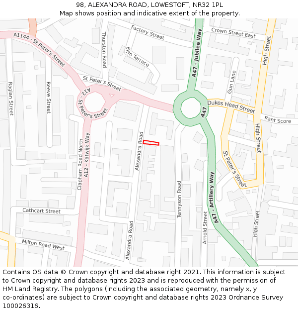 98, ALEXANDRA ROAD, LOWESTOFT, NR32 1PL: Location map and indicative extent of plot