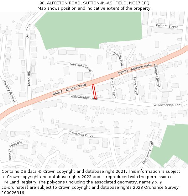 98, ALFRETON ROAD, SUTTON-IN-ASHFIELD, NG17 1FQ: Location map and indicative extent of plot