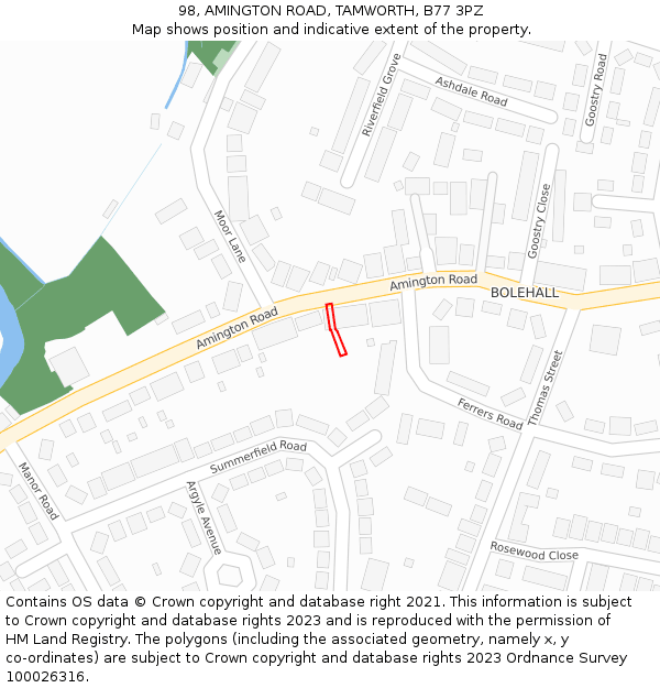 98, AMINGTON ROAD, TAMWORTH, B77 3PZ: Location map and indicative extent of plot