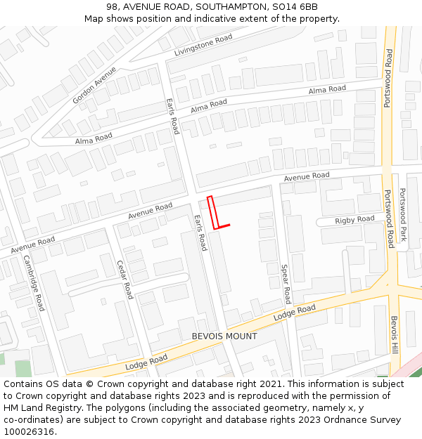 98, AVENUE ROAD, SOUTHAMPTON, SO14 6BB: Location map and indicative extent of plot