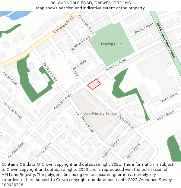 98, AVONDALE ROAD, DARWEN, BB3 1NS: Location map and indicative extent of plot