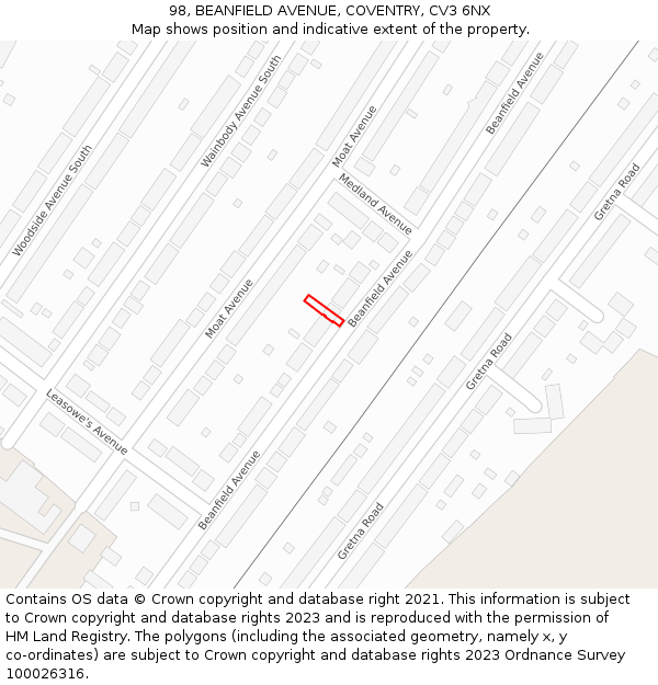 98, BEANFIELD AVENUE, COVENTRY, CV3 6NX: Location map and indicative extent of plot