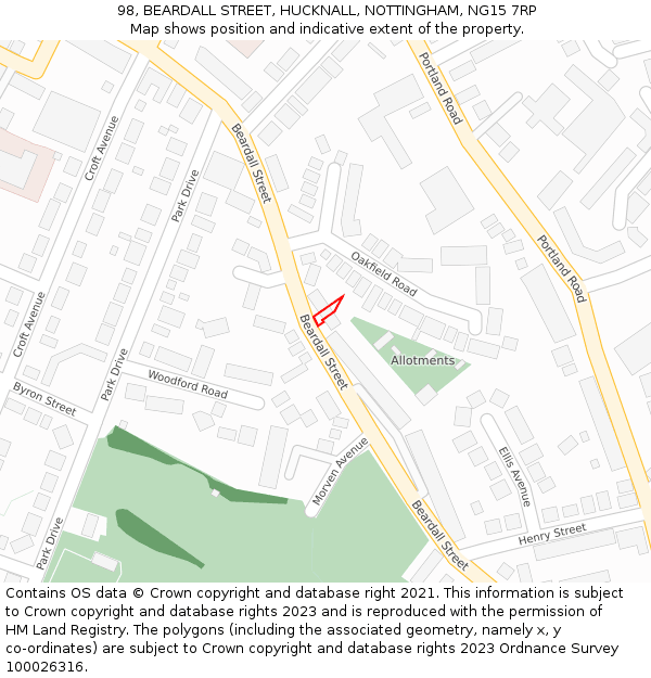 98, BEARDALL STREET, HUCKNALL, NOTTINGHAM, NG15 7RP: Location map and indicative extent of plot