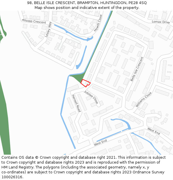 98, BELLE ISLE CRESCENT, BRAMPTON, HUNTINGDON, PE28 4SQ: Location map and indicative extent of plot