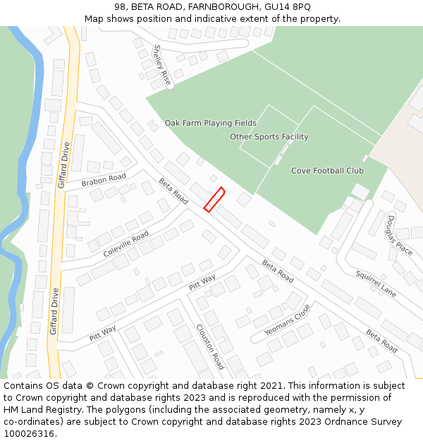 98, BETA ROAD, FARNBOROUGH, GU14 8PQ: Location map and indicative extent of plot