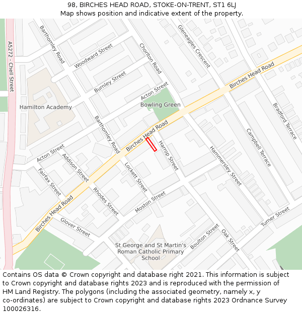 98, BIRCHES HEAD ROAD, STOKE-ON-TRENT, ST1 6LJ: Location map and indicative extent of plot