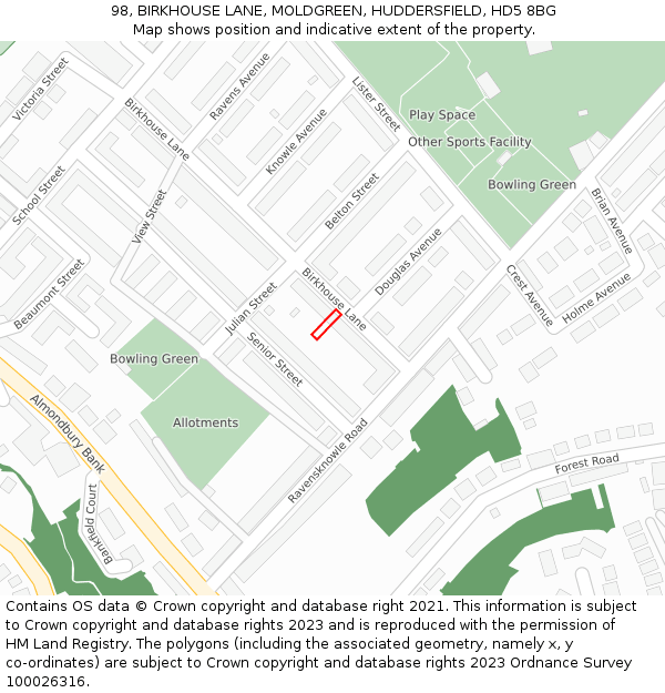 98, BIRKHOUSE LANE, MOLDGREEN, HUDDERSFIELD, HD5 8BG: Location map and indicative extent of plot