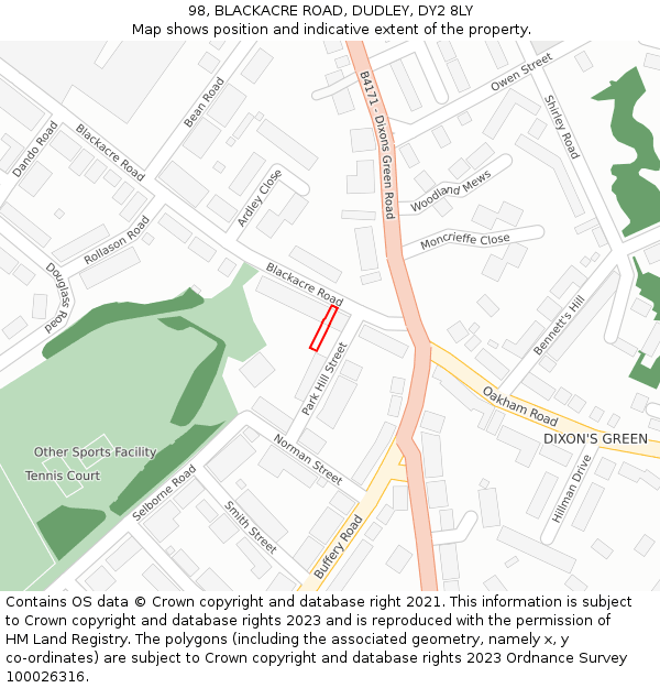 98, BLACKACRE ROAD, DUDLEY, DY2 8LY: Location map and indicative extent of plot