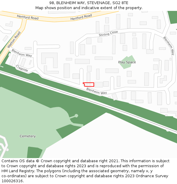 98, BLENHEIM WAY, STEVENAGE, SG2 8TE: Location map and indicative extent of plot