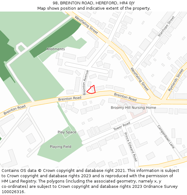 98, BREINTON ROAD, HEREFORD, HR4 0JY: Location map and indicative extent of plot