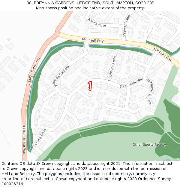 98, BRITANNIA GARDENS, HEDGE END, SOUTHAMPTON, SO30 2RP: Location map and indicative extent of plot