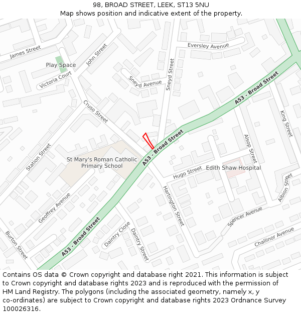 98, BROAD STREET, LEEK, ST13 5NU: Location map and indicative extent of plot