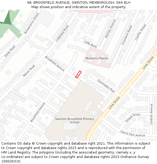 98, BROOKFIELD AVENUE, SWINTON, MEXBOROUGH, S64 8LH: Location map and indicative extent of plot