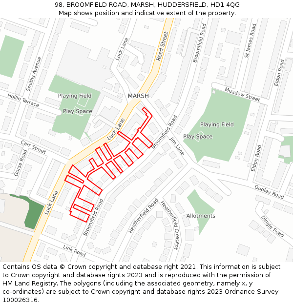98, BROOMFIELD ROAD, MARSH, HUDDERSFIELD, HD1 4QG: Location map and indicative extent of plot