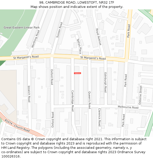 98, CAMBRIDGE ROAD, LOWESTOFT, NR32 1TF: Location map and indicative extent of plot