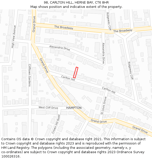 98, CARLTON HILL, HERNE BAY, CT6 8HR: Location map and indicative extent of plot