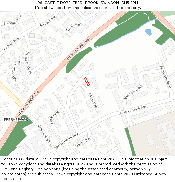 98, CASTLE DORE, FRESHBROOK, SWINDON, SN5 8PH: Location map and indicative extent of plot