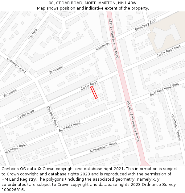 98, CEDAR ROAD, NORTHAMPTON, NN1 4RW: Location map and indicative extent of plot