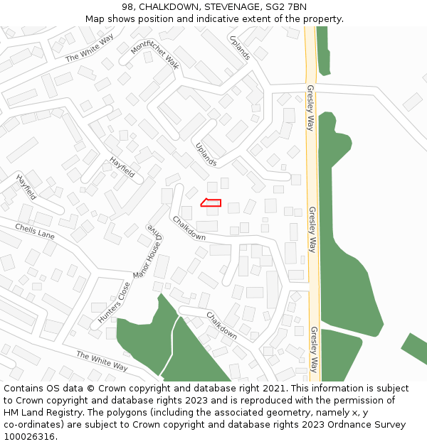 98, CHALKDOWN, STEVENAGE, SG2 7BN: Location map and indicative extent of plot