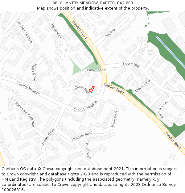 98, CHANTRY MEADOW, EXETER, EX2 8FR: Location map and indicative extent of plot