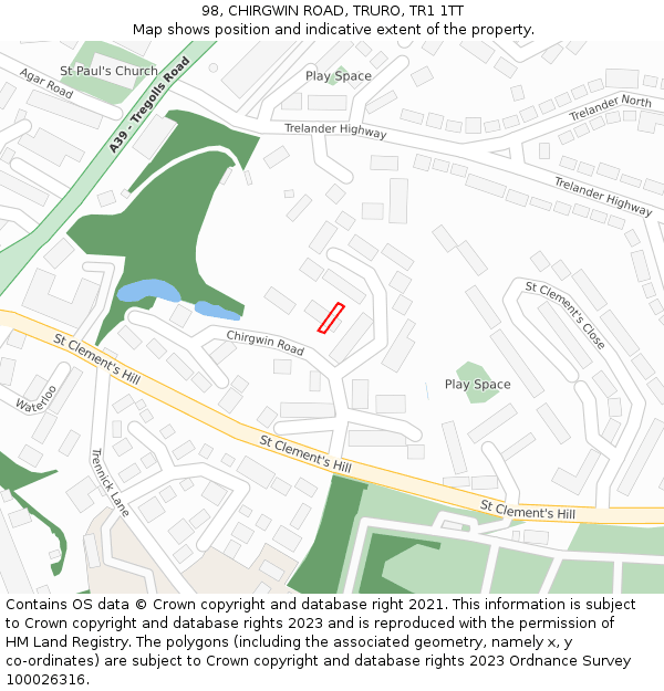 98, CHIRGWIN ROAD, TRURO, TR1 1TT: Location map and indicative extent of plot