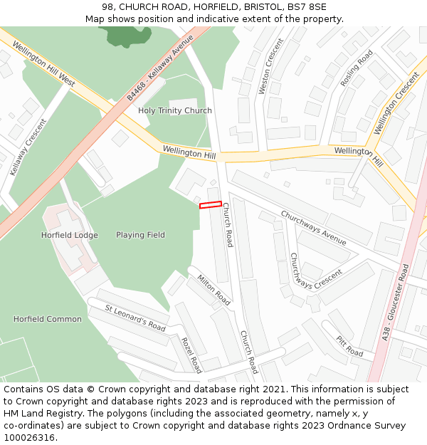 98, CHURCH ROAD, HORFIELD, BRISTOL, BS7 8SE: Location map and indicative extent of plot