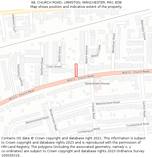98, CHURCH ROAD, URMSTON, MANCHESTER, M41 9DB: Location map and indicative extent of plot