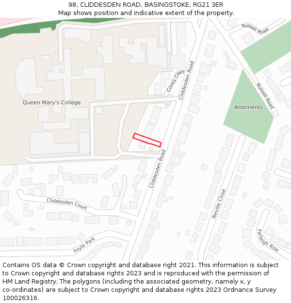 98, CLIDDESDEN ROAD, BASINGSTOKE, RG21 3ER: Location map and indicative extent of plot