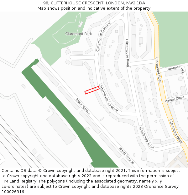 98, CLITTERHOUSE CRESCENT, LONDON, NW2 1DA: Location map and indicative extent of plot
