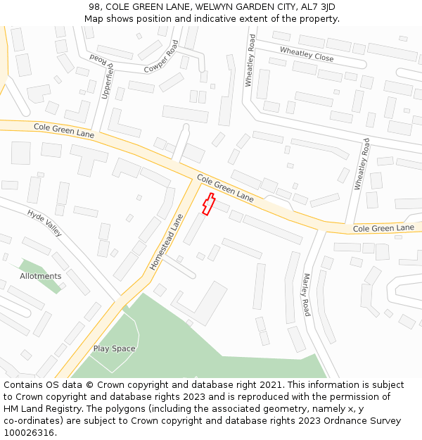 98, COLE GREEN LANE, WELWYN GARDEN CITY, AL7 3JD: Location map and indicative extent of plot