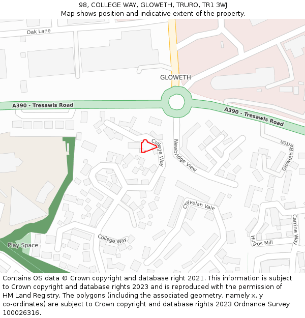 98, COLLEGE WAY, GLOWETH, TRURO, TR1 3WJ: Location map and indicative extent of plot