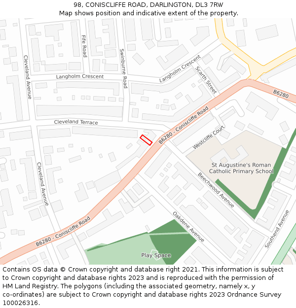 98, CONISCLIFFE ROAD, DARLINGTON, DL3 7RW: Location map and indicative extent of plot