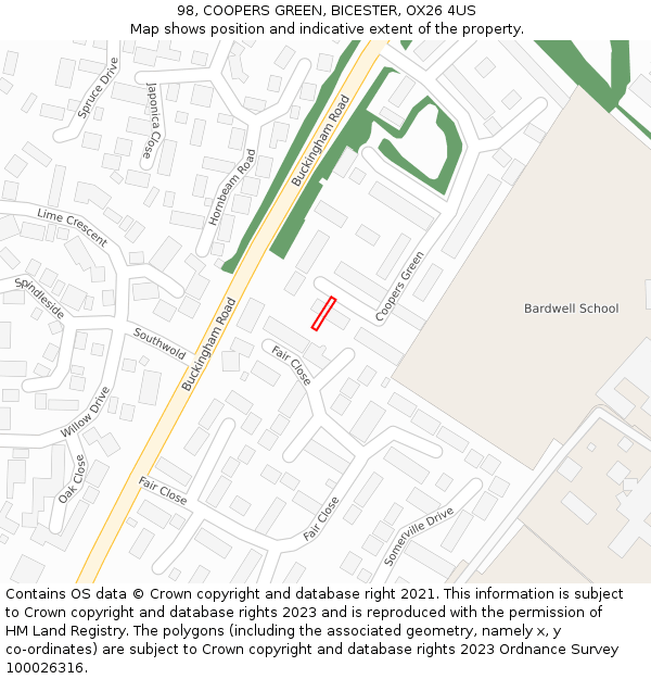 98, COOPERS GREEN, BICESTER, OX26 4US: Location map and indicative extent of plot