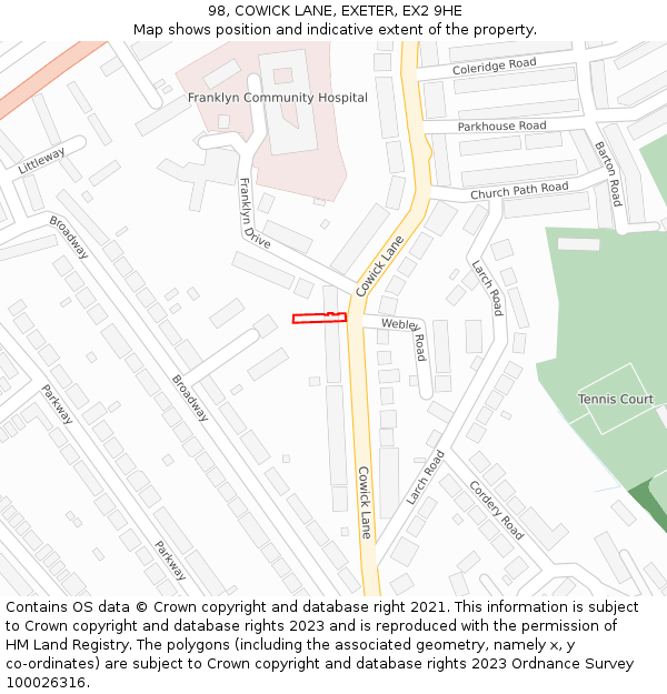 98, COWICK LANE, EXETER, EX2 9HE: Location map and indicative extent of plot