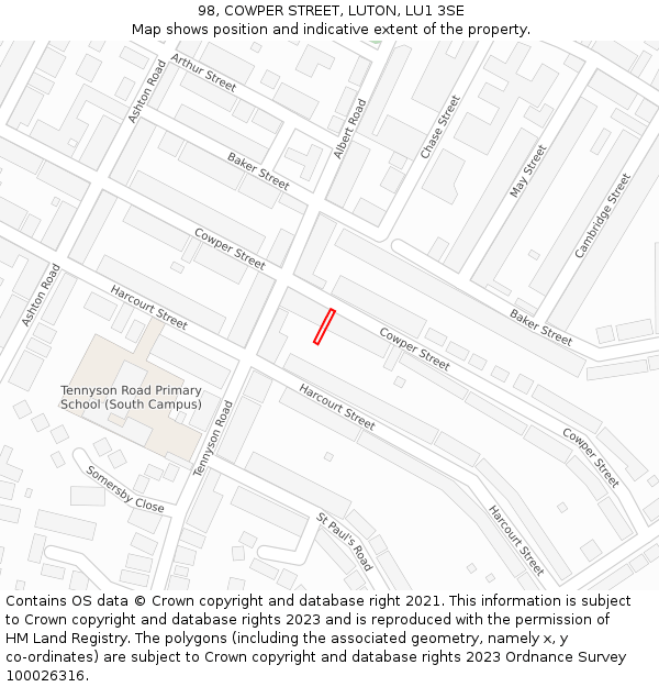 98, COWPER STREET, LUTON, LU1 3SE: Location map and indicative extent of plot