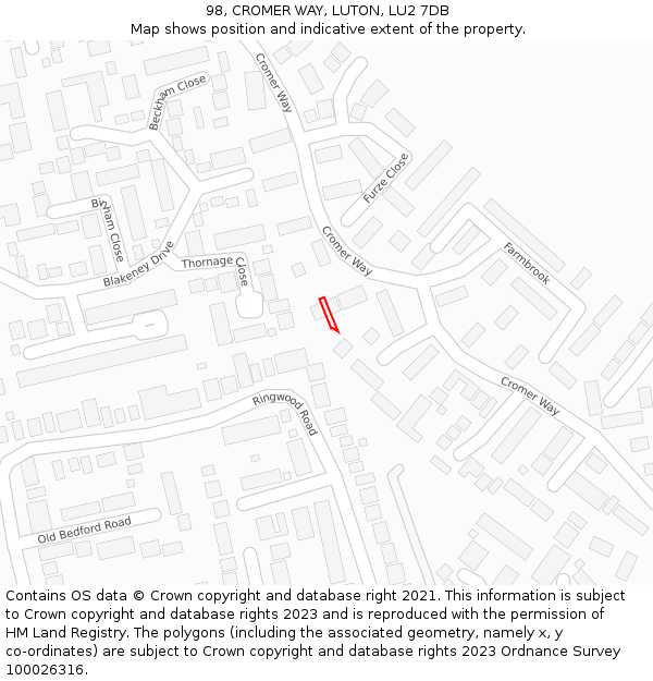 98, CROMER WAY, LUTON, LU2 7DB: Location map and indicative extent of plot