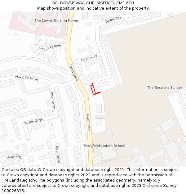 98, DOWNSWAY, CHELMSFORD, CM1 6TU: Location map and indicative extent of plot