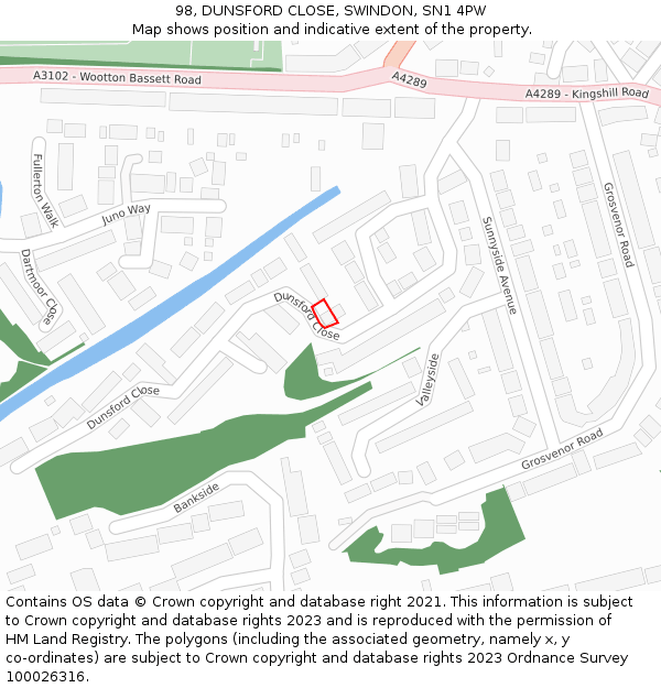 98, DUNSFORD CLOSE, SWINDON, SN1 4PW: Location map and indicative extent of plot