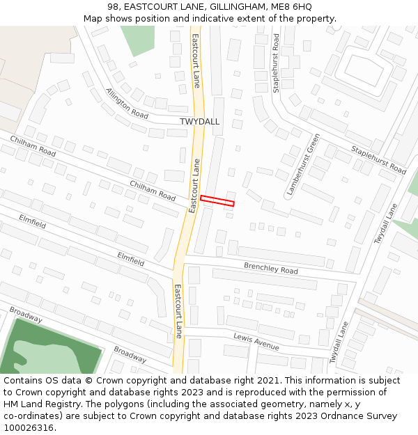 98, EASTCOURT LANE, GILLINGHAM, ME8 6HQ: Location map and indicative extent of plot