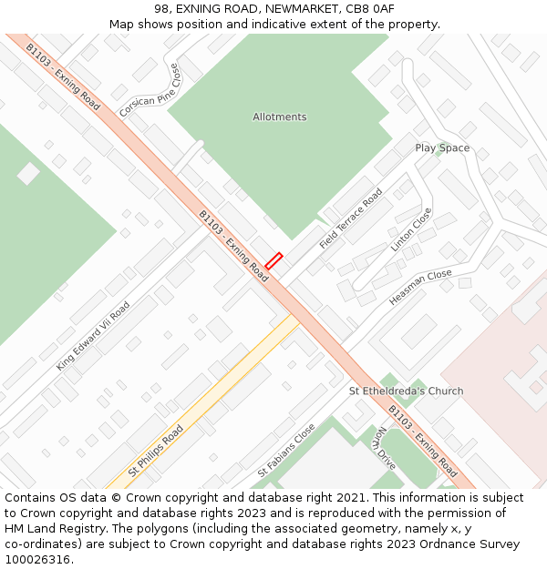 98, EXNING ROAD, NEWMARKET, CB8 0AF: Location map and indicative extent of plot