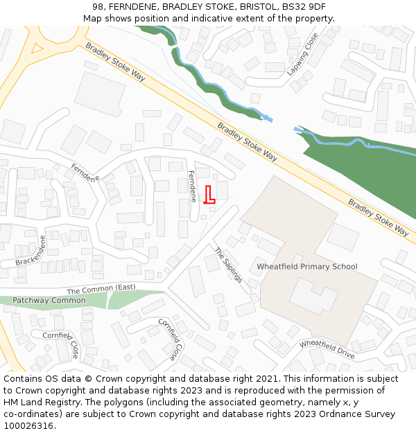 98, FERNDENE, BRADLEY STOKE, BRISTOL, BS32 9DF: Location map and indicative extent of plot