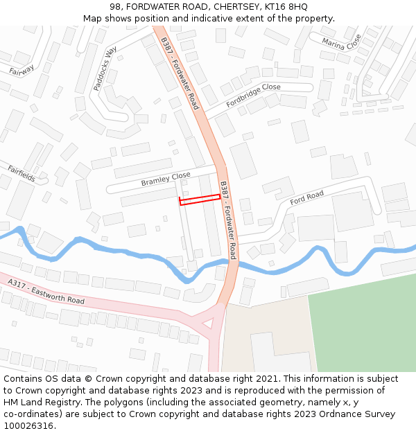 98, FORDWATER ROAD, CHERTSEY, KT16 8HQ: Location map and indicative extent of plot