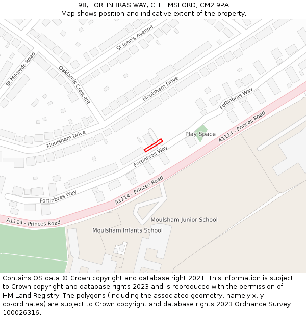 98, FORTINBRAS WAY, CHELMSFORD, CM2 9PA: Location map and indicative extent of plot