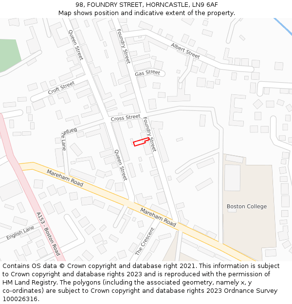 98, FOUNDRY STREET, HORNCASTLE, LN9 6AF: Location map and indicative extent of plot