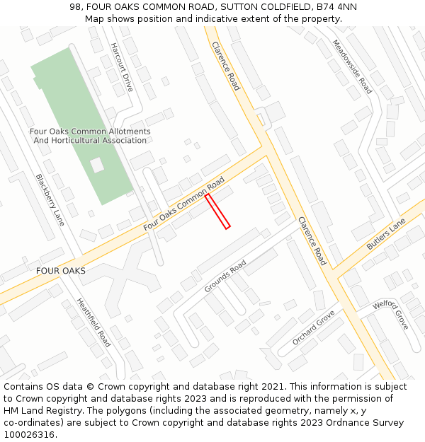 98, FOUR OAKS COMMON ROAD, SUTTON COLDFIELD, B74 4NN: Location map and indicative extent of plot