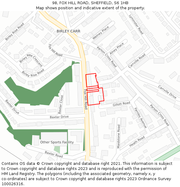 98, FOX HILL ROAD, SHEFFIELD, S6 1HB: Location map and indicative extent of plot