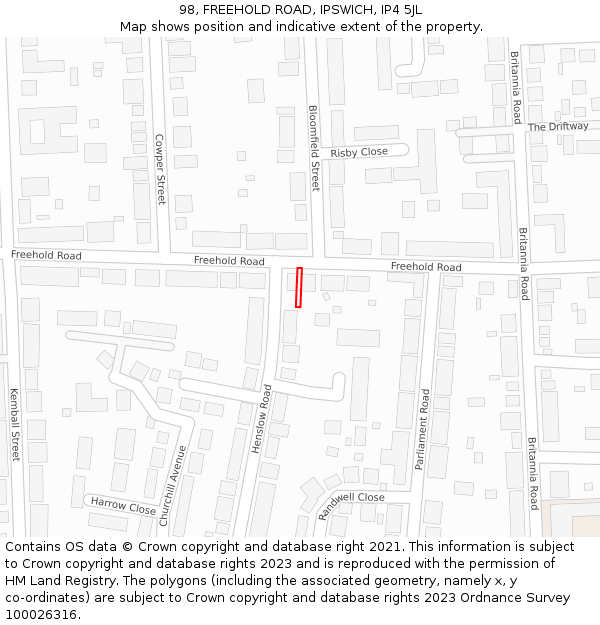 98, FREEHOLD ROAD, IPSWICH, IP4 5JL: Location map and indicative extent of plot