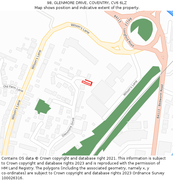 98, GLENMORE DRIVE, COVENTRY, CV6 6LZ: Location map and indicative extent of plot