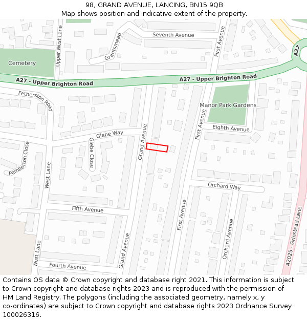 98, GRAND AVENUE, LANCING, BN15 9QB: Location map and indicative extent of plot